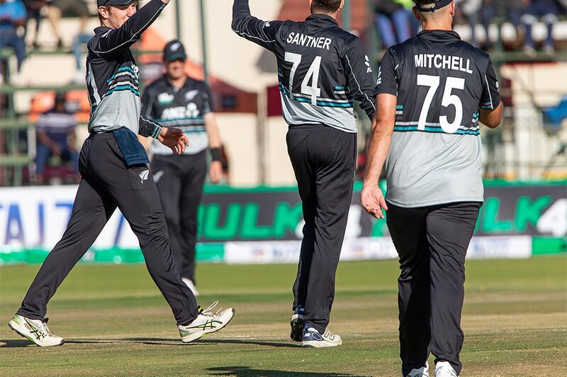 New Zealand players celebrate after beating South Africa by 3 runs during the Zimbabwe TwentyT20 tri series, July 26, 2025.